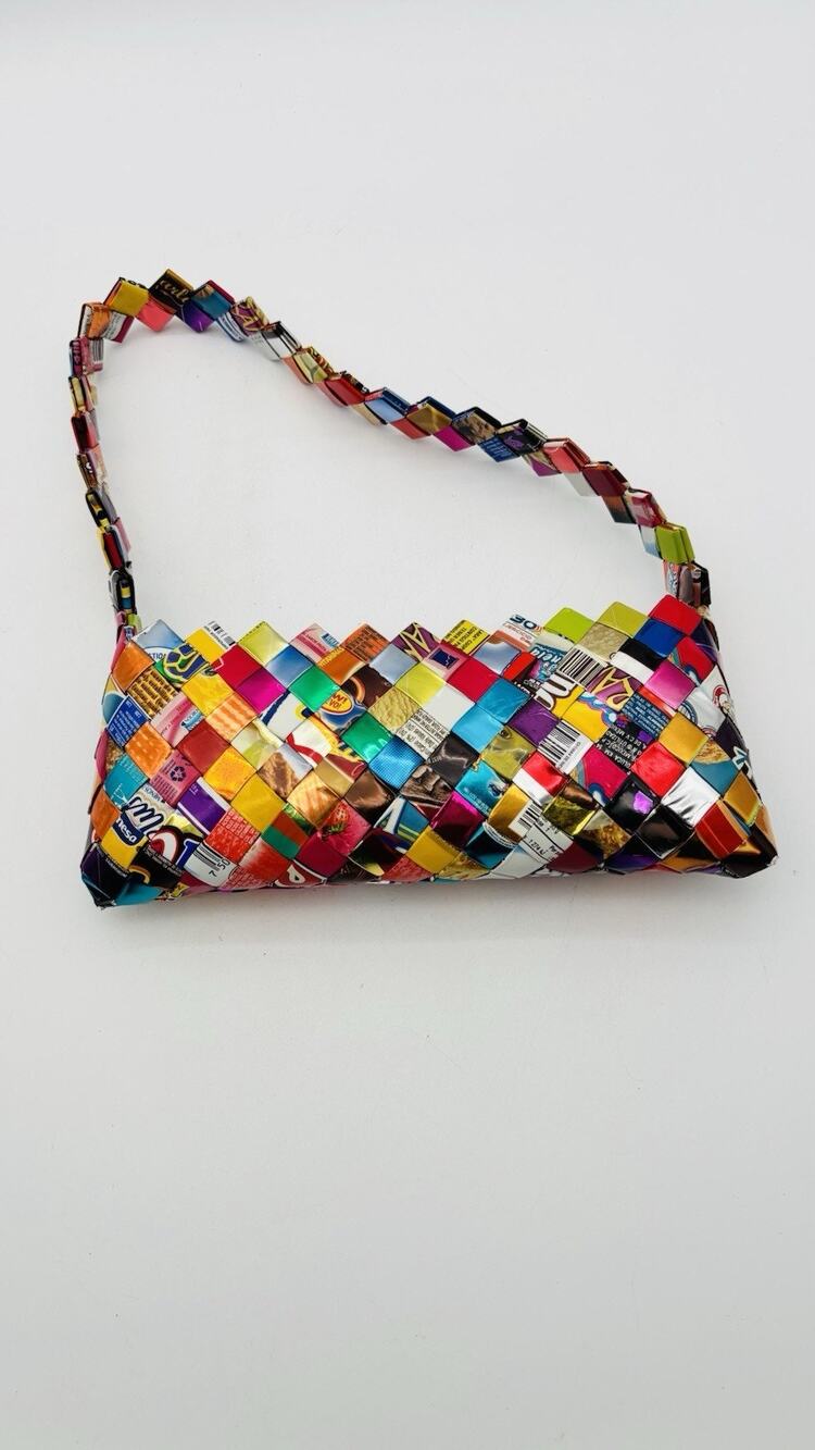 Vintage Y2K Folk Art Woven Candy Wrapper Shoulder Bag VG Condition